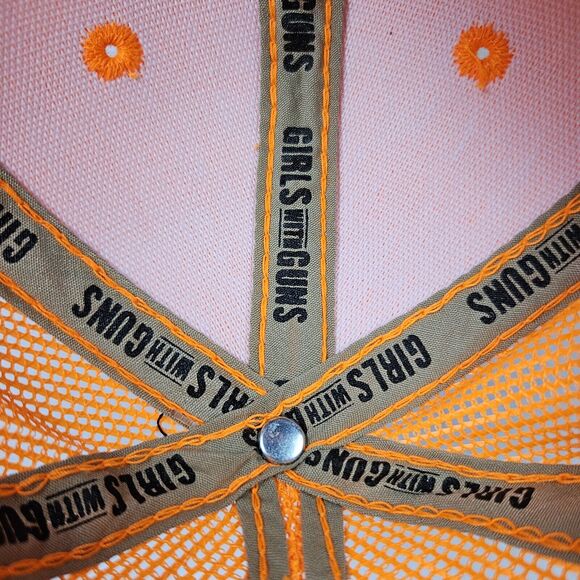 GIRLS WITH GUNS MESH TRUCKER CURVED BILL SNAPBACK HAT NEON ORANGE PONYTAIL HOLE - Picture 9 of 10